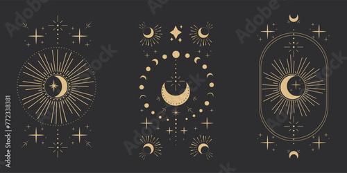 Set gold moon celestial tattoo or tarot astrology magic element with rays, stars, burst minimal line border or decoration isolated on dark background. Space symbols, emblem.