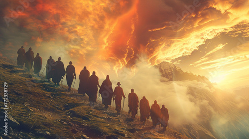 A dynamic shot of followers undertaking a spiritual pilgrimage to a sacred site associated with a Great Teacher-Lord, with fiery skies overhead, symbolizing the transformative powe