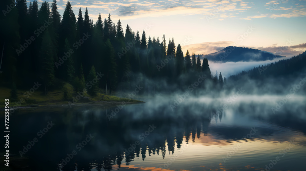 Morning mist covers a beautiful lake surrounded by pine forest Morning mist covers a beautiful lake surrounded by pine forest