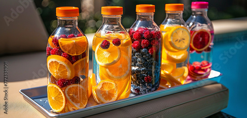 A poolside lounge chair with a tray of vibrant fruit-infused water bottles on it that had pieces of orange, lemon, and berry floating inside