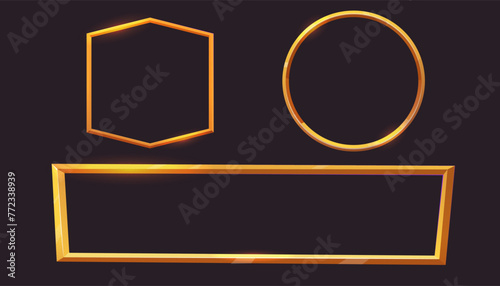 Golden frame game medieval menu, user interface shiny border. Empty borders in medieval style, fantasy decoration different shapes isolated on dark background. 