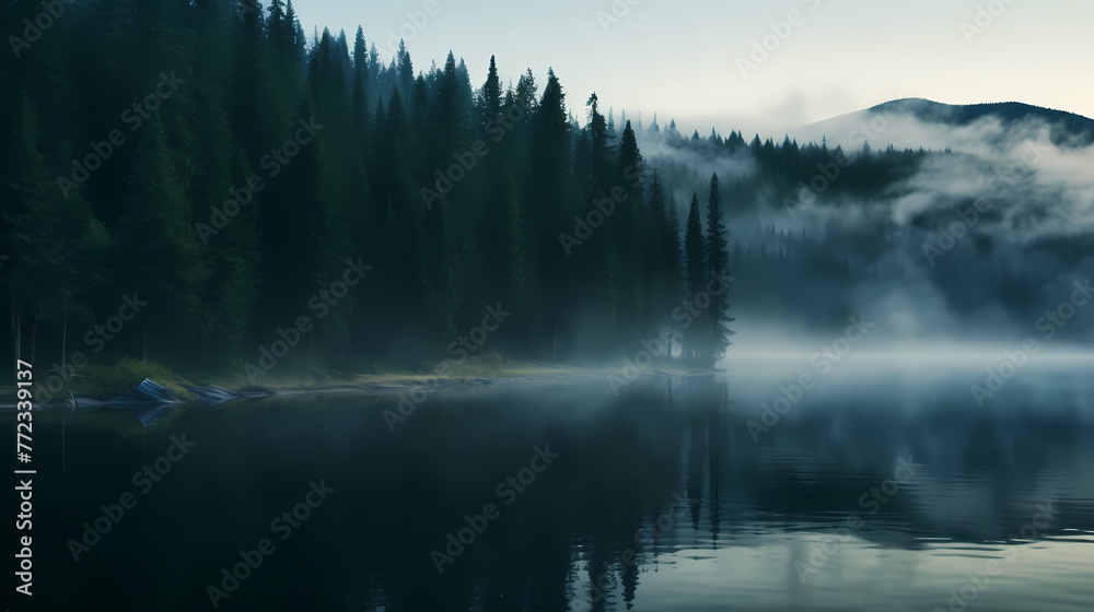 Fototapeta premium Morning mist covers a beautiful lake surrounded by pine forest
