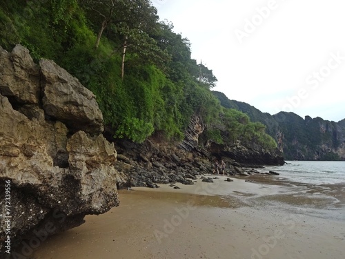 The beach and mountains converge at the shoreline, forming a stunning landscape of natural beauty, Ao Nang Beach, Thailand , Asia