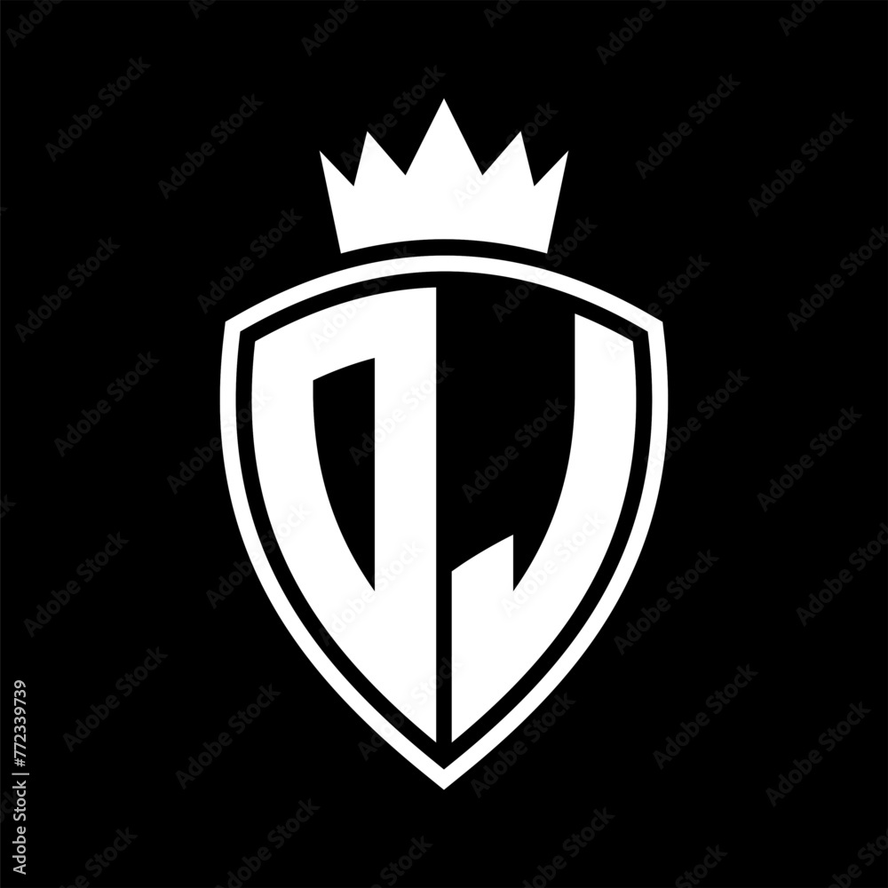 DJ Letter monogram shield and crown outline shape with black and white color design DJ Letter monogram shield and crown outline shape with black and white color design