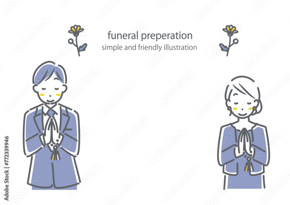 お葬式で手を合わせる若い女性と男性　シンプルでお洒落な線画イラスト