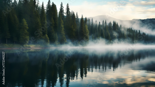 Morning mist covers a beautiful lake surrounded by pine forest © ma