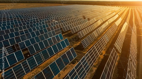A breathtaking view of a vast solar farm at sunset  where rows of photovoltaic panels shimmer with the reflected hues of the setting sun  symbolizing the harmony between technology