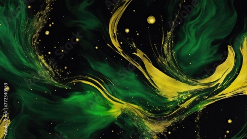 Green and Golden sparkling abstract background luxury black smoke acrylic paint background