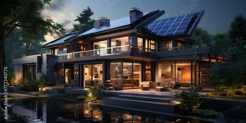 realistic concept of solar energy,minimalistic design with rule or third for The house utilized solar panels © biswajit