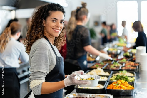 A smiling woman wearing a gray sweater and an apron extends a bowl of fresh, colorful food at a buffet with people in the background. photo