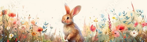 Watercolor illustration of adorable bunny hopping through a blooming garden, assortment, Artificial Intelligence. photo