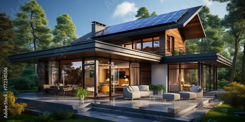 realistic concept of solar energy,minimalistic design with rule or third for The house utilized solar panels to power the home's