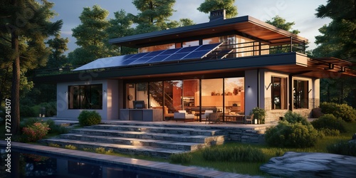 realistic concept of solar energy,minimalistic design with rule or third for The house utilized solar panels to power the home's © TIYASHA