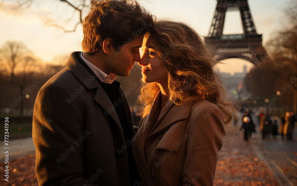 Romantic couple sharing a kiss in front of a famous landmark. Stock ...
