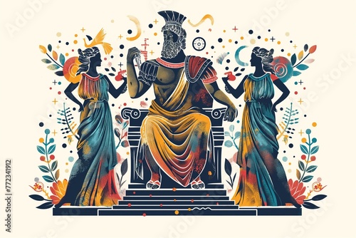 Ancient Greek gods at the Olympus, flat cartoon illustration photo