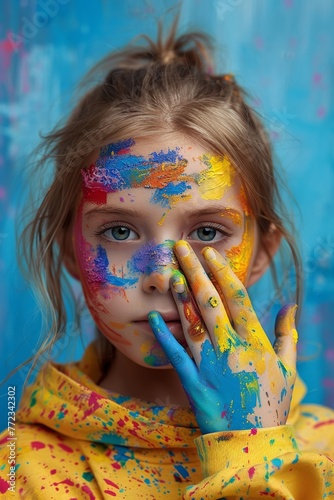 A child is playfully creating art with bright paint  their hand a kaleidoscope of colors. This image captures the essence of a joyful and imaginative youth in contrast with a contemporary setting.
