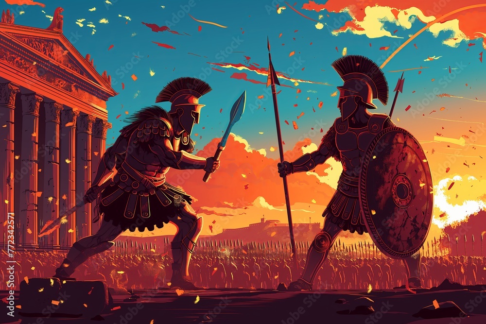 Ancient Rome gladiators fighting, flat cartoon illustration Stock ...