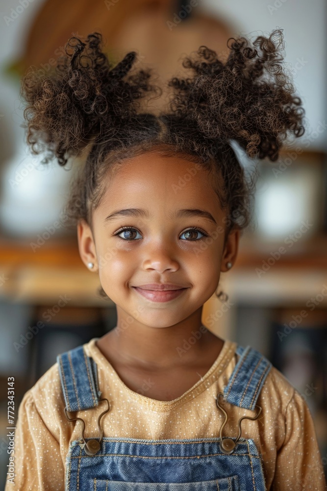 Portrait of a joyful young African American girl with two braids smiling brightly at the camera. Beautiful depiction of a happy child at home, captured in an illustration. AI-generated creativity. Portrait of a joyful young African American girl with two braids smiling brightly at the camera. Beautiful depiction of a happy child at home, captured in an illustration. AI-generated creativity.