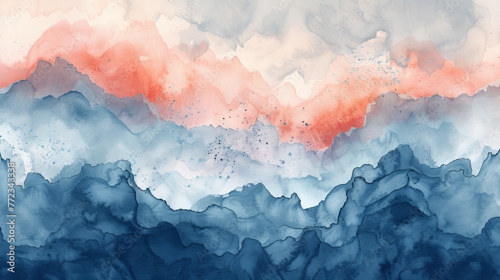 Abstract watercolor splashes in shades of ocean blue and coral pink, merging organically for a serene, underwater effect