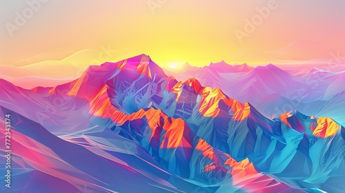 A stunning digital art image features mountains perfectly reflected in the water, in vivid neon colors and a sunset scene.