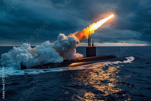 Stealth nuclear submarine firing undersea missile, vast ocean around
