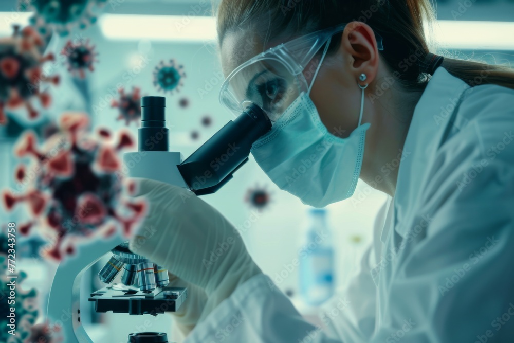 Focused female scientist examining samples with a microscope in a modern laboratory setting, conducting important medical research. Focused female scientist examining samples with a microscope in a modern laboratory setting, conducting important medical research.