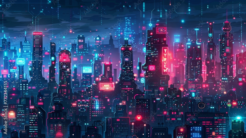 A bustling cyberpunk cityscape alive with neon lights, digital billboards, and towering skyscrapers, capturing a vibrant futuristic metropolis.