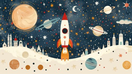 Space-themed wall decor for children's rooms featuring a cartoon rocket, planets, and vibrant mural artwork. AI technology used in the design process.
