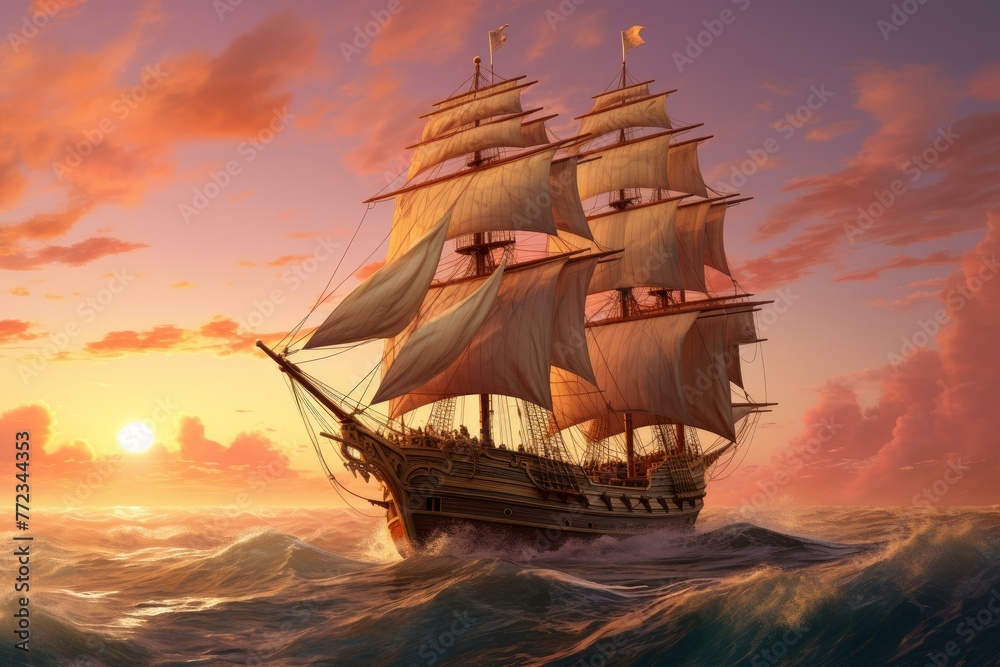 Fototapeta premium Streamlined Ship sail boat. Water summer. Generate Ai