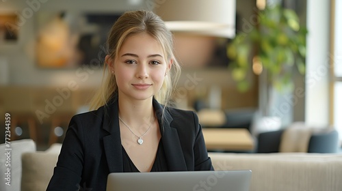 Portrait of a young businesswoman sitting at a table in a cafe.