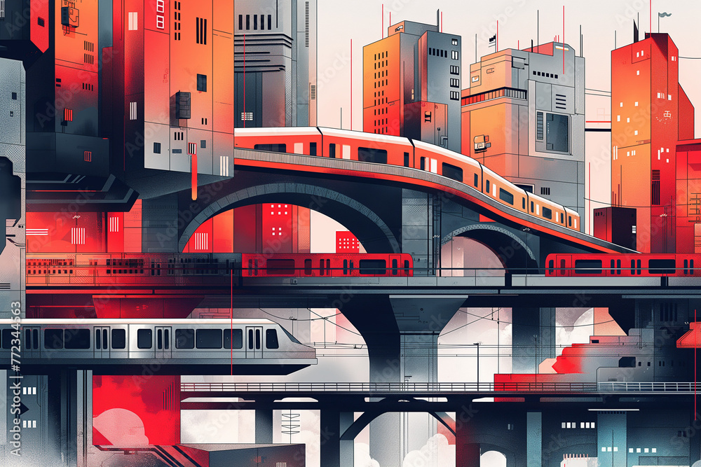 Vector illustration of a cityscape with a modern train in vibrant ...