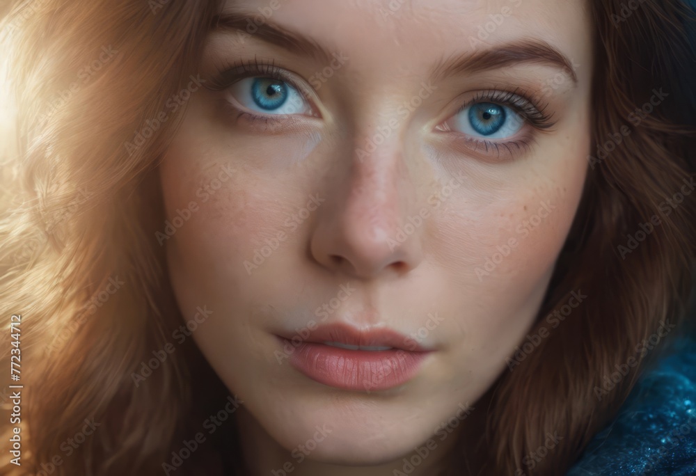 Close up fashion portrait of seductive sexy woman with big blue eyes ,full lips , prefect skin and long fluffy curled hairstyle. Natural make up. Close up fashion portrait of seductive sexy woman with big blue eyes ,full lips , prefect skin and long fluffy curled hairstyle. Natural make up.