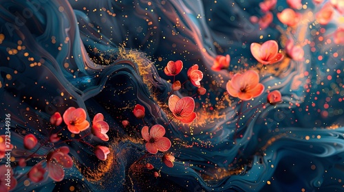 An ethereal abstract background with delicate red blossoms floating atop deep blue undulating waves, invoking a sense of peace and natural beauty.