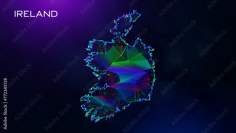 Obraz premium Futuristic Ireland Map Polygonal Blue Purple Colorful Connected Lines And Dots Network Wireframe With Text On Hazy Flare Bokeh Background