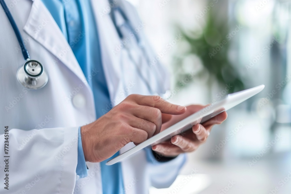 Close-up of a doctor's hands holding a tablet with a stethoscope around the neck, depicting modern healthcare and digital technology integration. Close-up of a doctor's hands holding a tablet with a stethoscope around the neck, depicting modern healthcare and digital technology integration.