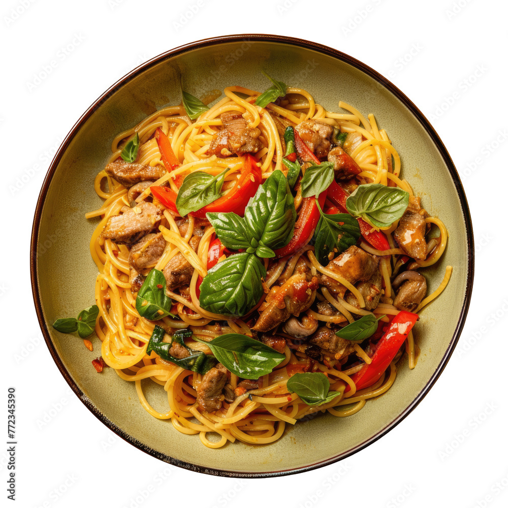 Chinese noodles with meat, vegetables on transparent background