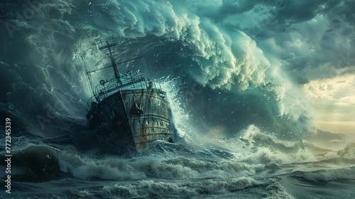 A ship facing a tsunami head on