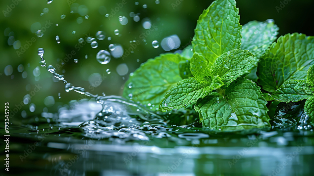 Fresh mint leaves hitting the water surface, a refreshing bubble trail following Fresh mint leaves hitting the water surface, a refreshing bubble trail following