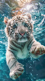 Fluffy white tiger cub swimming, eyes wide in awe, sun filtering through azure waters