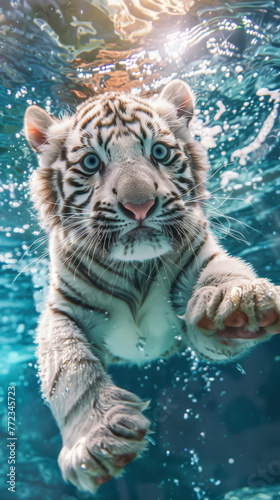 Fluffy white tiger cub swimming, eyes wide in awe, sun filtering through azure waters