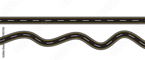Straight and winding road road. Seamless asphalt roads template. Highway or roadway background. Vector illustration. Seamless highway marking Isolated on background.