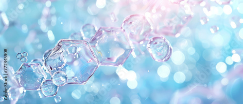 Hexagonal skin cells being gently exfoliated, revealing brightness, with a spa water background blurred