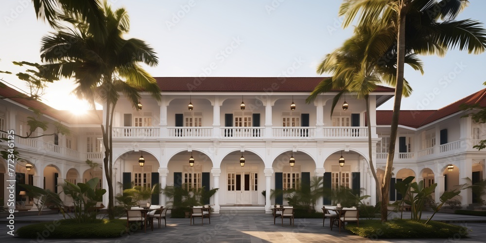 Experience the allure of colonial architecture by the sea, with a majestic exterior evoking a sense of history and grandeur.