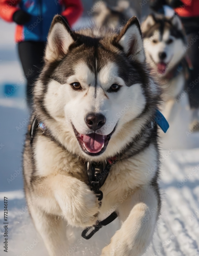 front view at four siberian huskys at race in winter