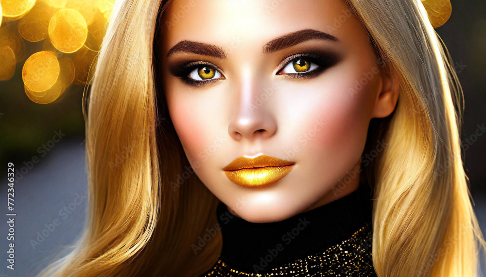 Portrait of a beautiful blonde girl with golden sunlit citrine colored eyes and lips Portrait of a beautiful blonde girl with golden sunlit citrine colored eyes and lips