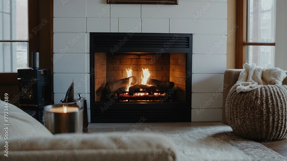 fireplace,A cozy living room with a lit fireplace, a couch, a chair, and a potted plant.A warm and inviting family room with a fireplace,