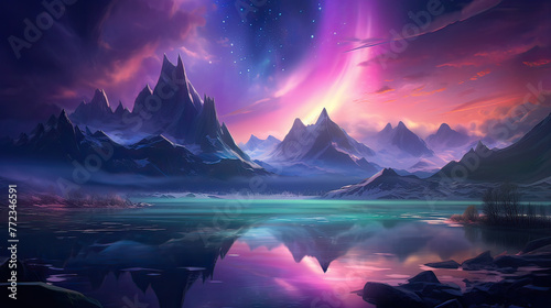 A dreamlike, futuristic landscape with glowing auroras, ethereal lights, and a star-filled sky over a surreal terrain Ai Generative