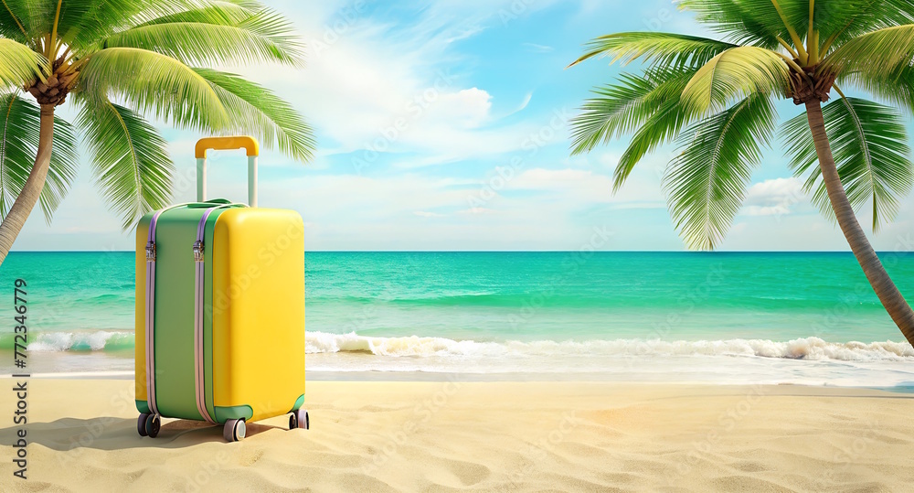 modern suitcase with wheels standing on the calm sea on the sand.  Travel concept,  flight, summer vacation,  banner - obrazy, fototapety, plakaty 