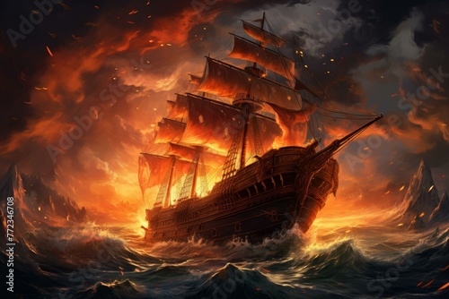 Tempest-tossed Ship in sea storm. Pirate old distress. Generate Ai