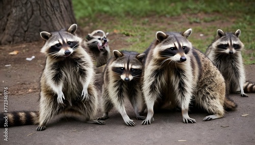 a raccoon with a group of other raccoons socializ upscaled 8 photo